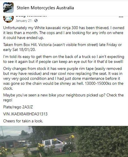 Facebook post of a stolen motorcycle