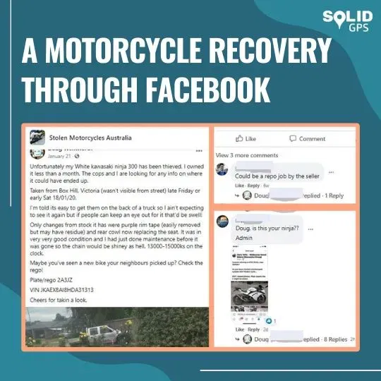 Motorcycle Recovered Through Facebook Infographic showing a motorcycle recovery story through Facebook
