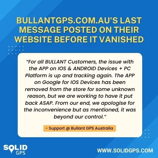 Bullant GPS Final Website Message Before Closure Screenshot of Bullantgps.com.au’s last message before the website closed