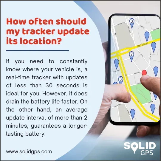 How Often Should My Tracker Update Its Location? Infographic explaining how often a GPS tracker should update its location