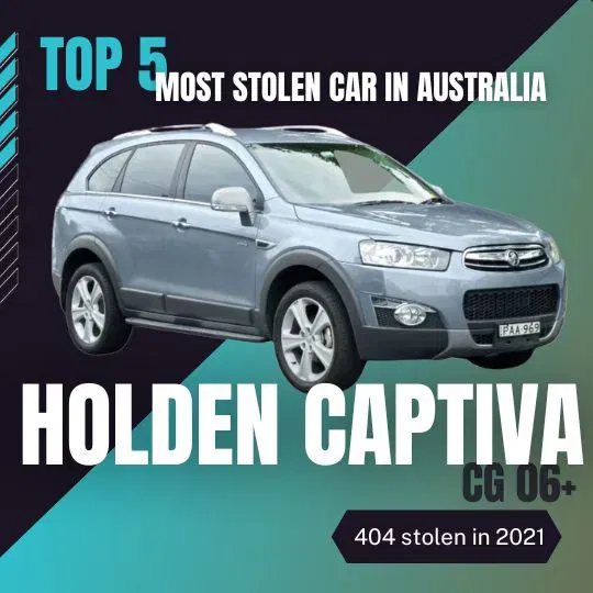 Infographic showing the Top 5 Most Stolen Car in Australia 2022: Holden Captiva CG 06+