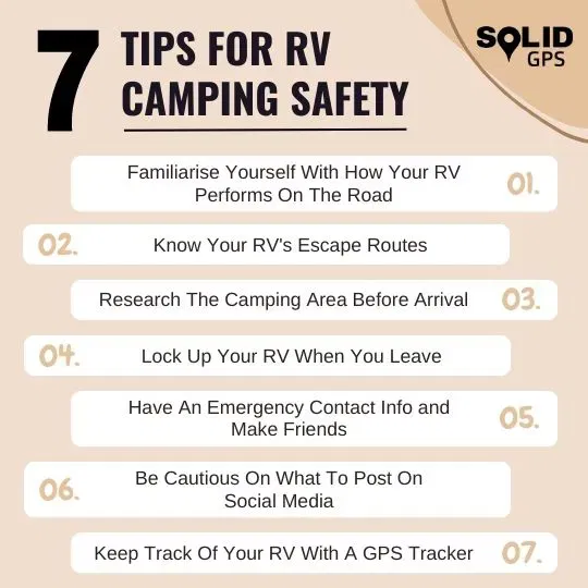 7 Tips for RV Camping Safety Infographic showing 7 tips for RV camping safety