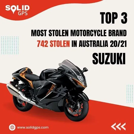 Top 3 Most Stolen Motorcycle Brand: Suzuki Infographic showing the Top 3 Most Stolen Motorcycle Brand in Australia: Suzuki