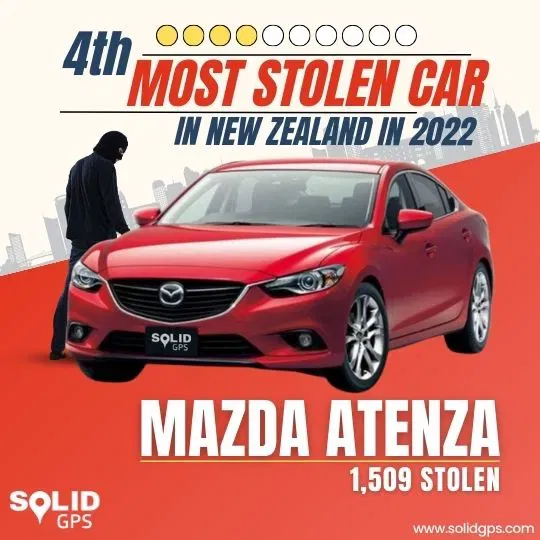 Infographic showing the Top 4 most stolen car in New Zealand in 2022, Mazda Atenza