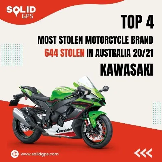 Top 4 Most Stolen Motorcycle Brand: Kawasaki Infographic showing the Top 4 Most Stolen Motorcycle Brand in Australia: Kawasaki