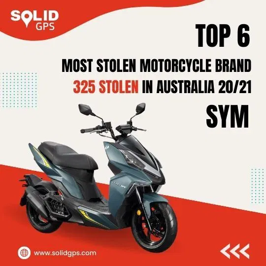 Top 6 Most Stolen Motorcycle Brand: SYM Infographic showing the Top 6 Most Stolen Motorcycle Brand in Australia: SYM