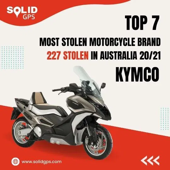 Top 7 Most Stolen Motorcycle Brand: Kymco Infographic showing the Top 7 Most Stolen Motorcycle Brand in Australia: Kymco