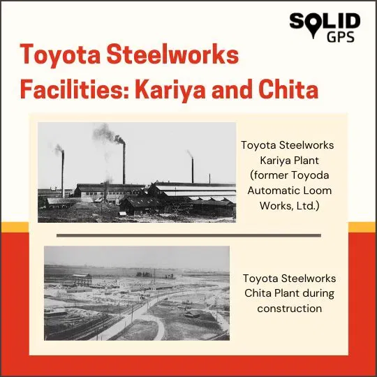 Infographic showing Toyota Steelworks facilities in Kariya and Chita