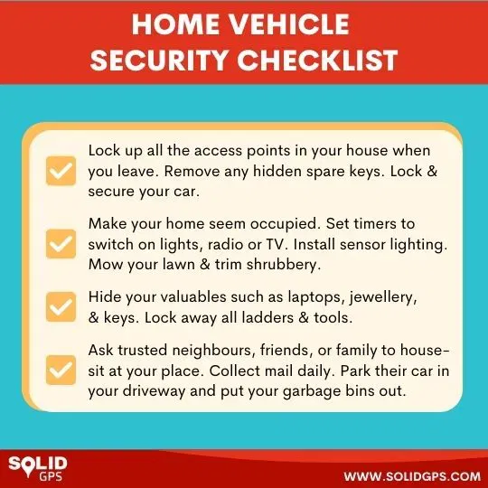 Home Vehicle Security Checklist Infographic showing a home vehicle security checklist
